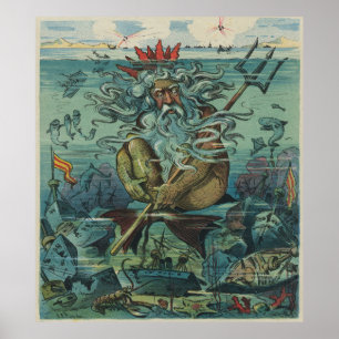 Vintage Poseidon & Sunken Ships Illustration Poster