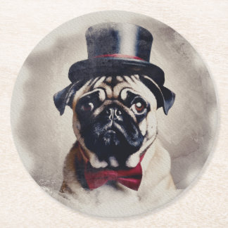 Vintage Posh Pug Portrait Round Paper Coaster
