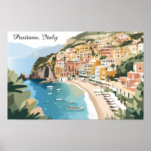 Vintage Positano Italy  Amalfi Coast Travel Art Poster