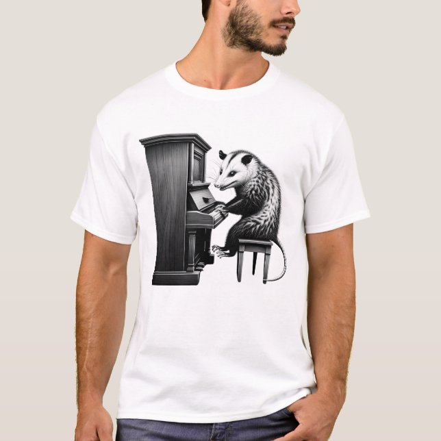 Vintage Possum Opossum Playing Piano Pianist T-Shirt (Front)