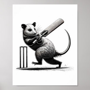 Vintage Possum Playing Cricket Opossum Lover Crick Poster