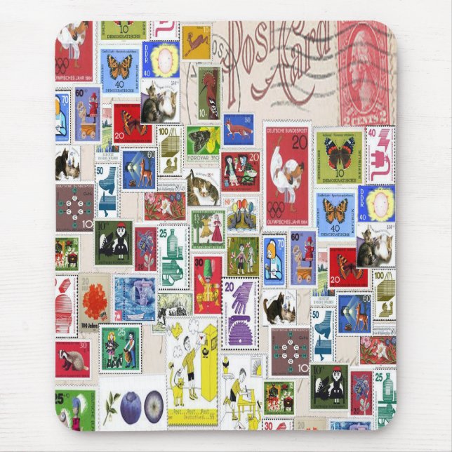 Vintage post card colourful  stamps collection mouse mat (Front)
