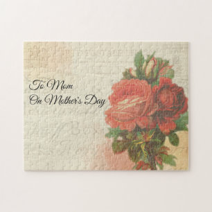 Vintage Post Mail Mother's Day Red Rose Bouquet Jigsaw Puzzle