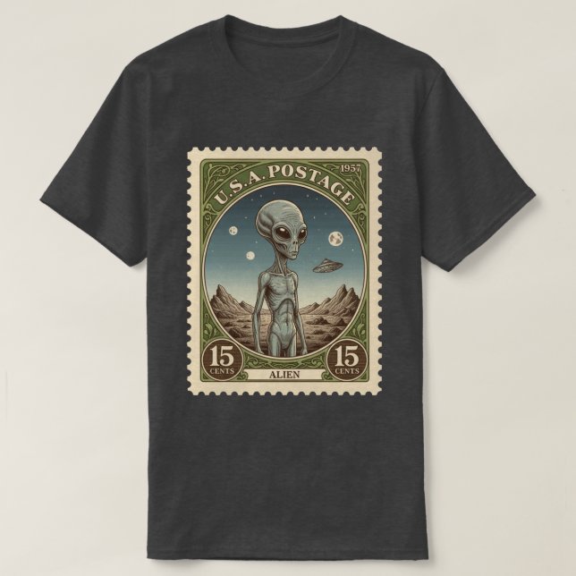 Vintage Postage Stamp Alien T-Shirt (Design Front)