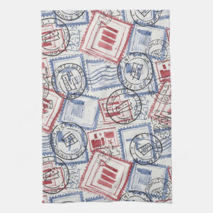 Vintage Postage Stamp Collage Pattern (2) Tea Towel