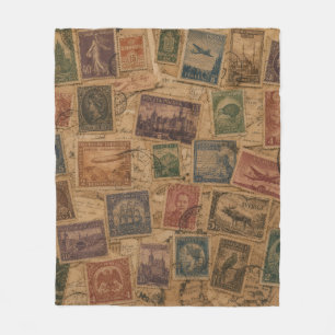 Vintage Postage Stamp Philatelic Ephemera Fleece Blanket