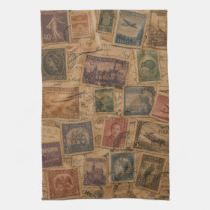 Vintage Postage Stamp Philatelic Ephemera Tea Towel