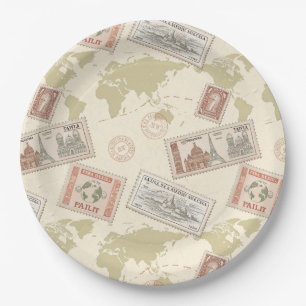 Vintage Postage Stamp World Map Travel (1) Paper Plate