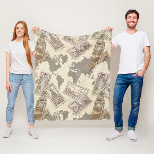 Vintage Postage Stamp World Map Travel (2) Fleece Blanket