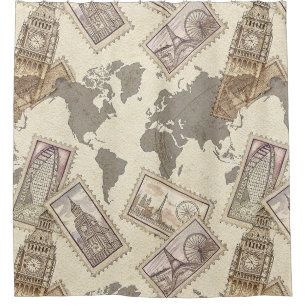 Vintage Postage Stamp World Map Travel (2) Shower Curtain
