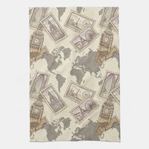 Vintage Postage Stamp World Map Travel (2) Tea Towel