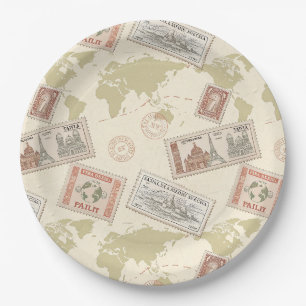 Vintage Postage Stamp World Map Travel Paper Plate