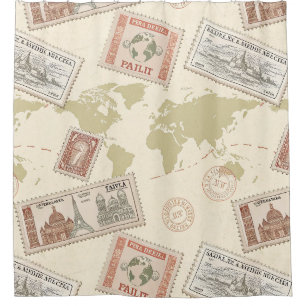 Vintage Postage Stamp World Map Travel Shower Curtain