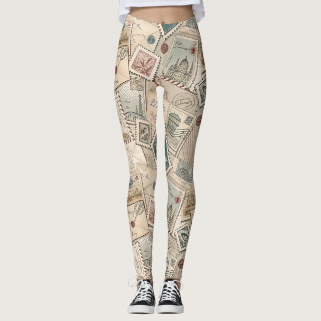 Vintage Postage Stamps Leggings (Front)