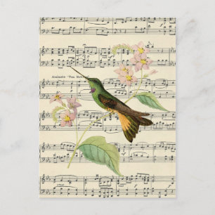 vintage postcard botanical hummingbird music