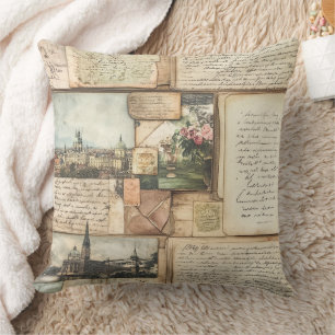 Vintage Postcard Collage with European Letters Cushion