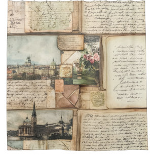 Vintage Postcard Collage with European Letters Shower Curtain