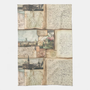 Vintage Postcard Collage with European Letters Tea Towel
