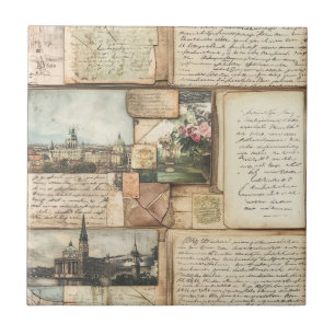 Vintage Postcard Collage with European Letters Tile