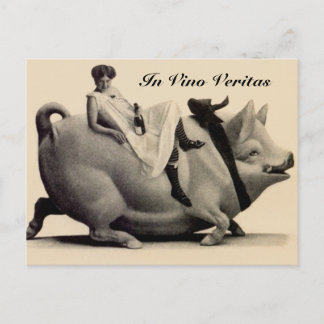 Vintage Postcard lady wine & pig In Vino Veritas