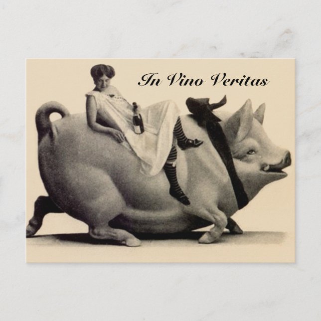 Vintage Postcard lady wine & pig In Vino Veritas (Front)