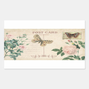 Vintage Postcard Pink Rose & Butterfly Scrapbook Rectangular Sticker