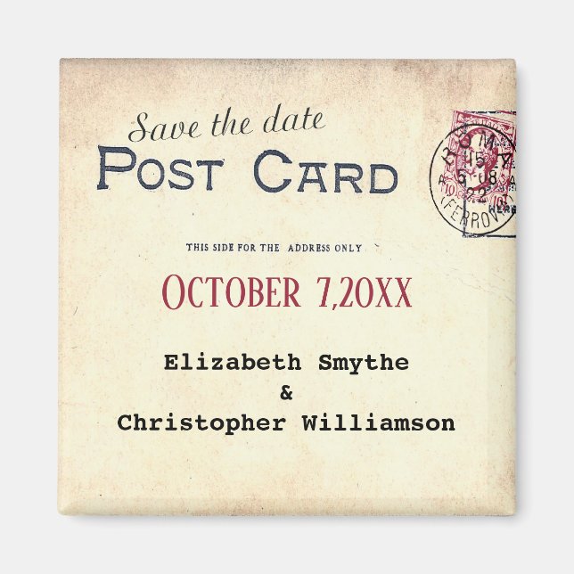Vintage Postcard Stamp Wedding Save The Date Magnet (Front)