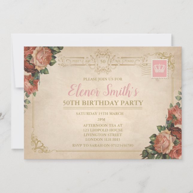 Vintage Postcard Tea Party Birthday Invitation (Front)