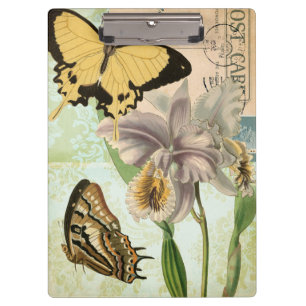 Vintage Postcard with Butterflies and Flowers Clipboard