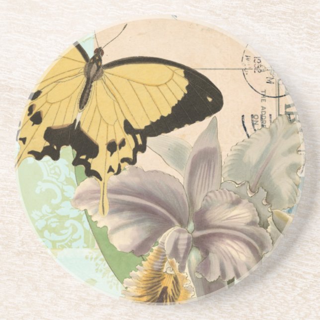 Vintage Postcard with Butterflies and Flowers Coaster (Front)