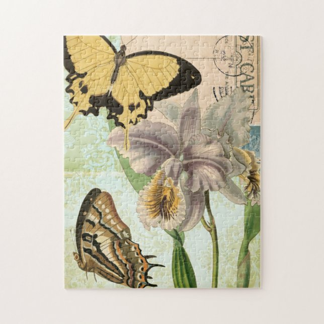 Vintage Postcard with Butterflies and Flowers Jigsaw Puzzle (Vertical)
