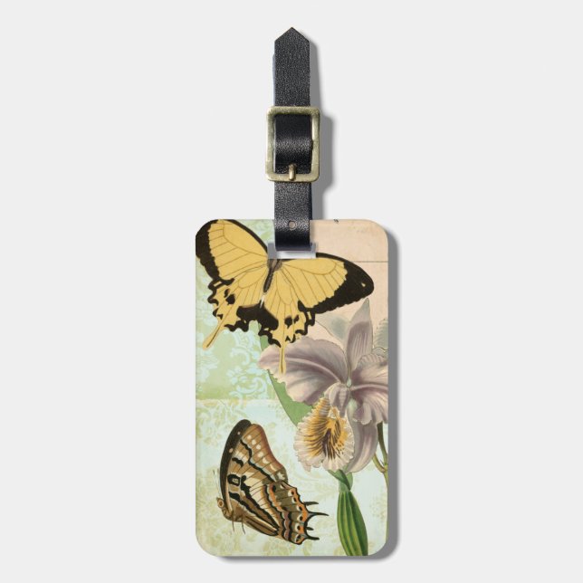 Vintage Postcard with Butterflies and Flowers Luggage Tag (Front Vertical)