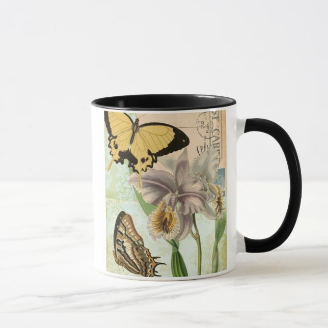 Vintage Postcard with Butterflies and Flowers Mug (Right)