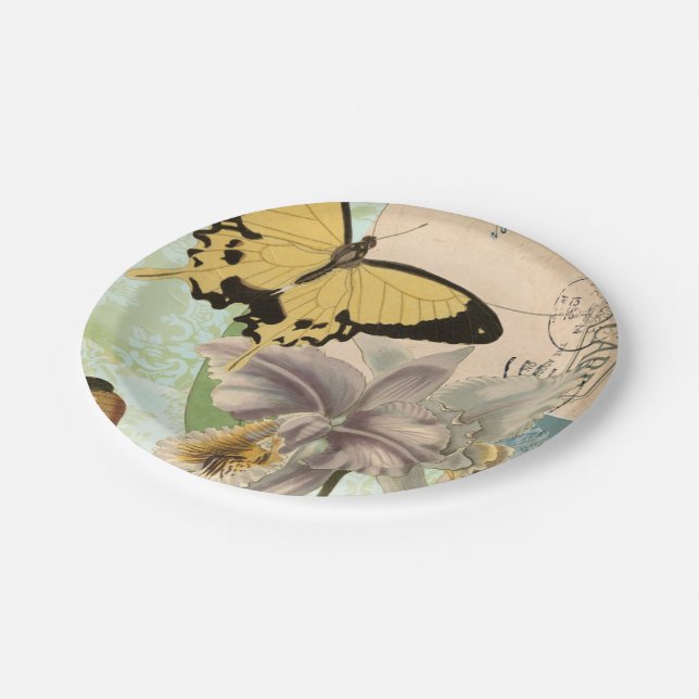 Vintage Postcard with Butterflies and Flowers Paper Plate (Angled)