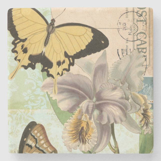 Vintage Postcard with Butterflies and Flowers Stone Coaster (Front)