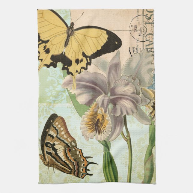 Vintage Postcard with Butterflies and Flowers Tea Towel (Vertical)