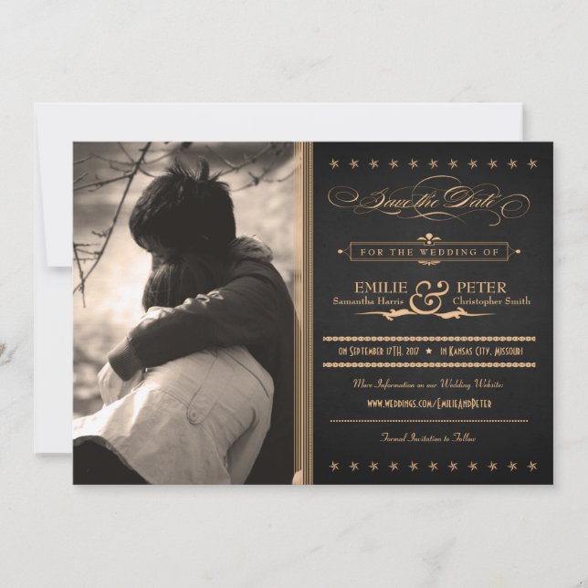 Vintage Poster Charcoal & Gold Photo Save the Date (Front)