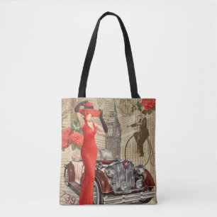Vintage poster London torn newspaper background. Tote Bag
