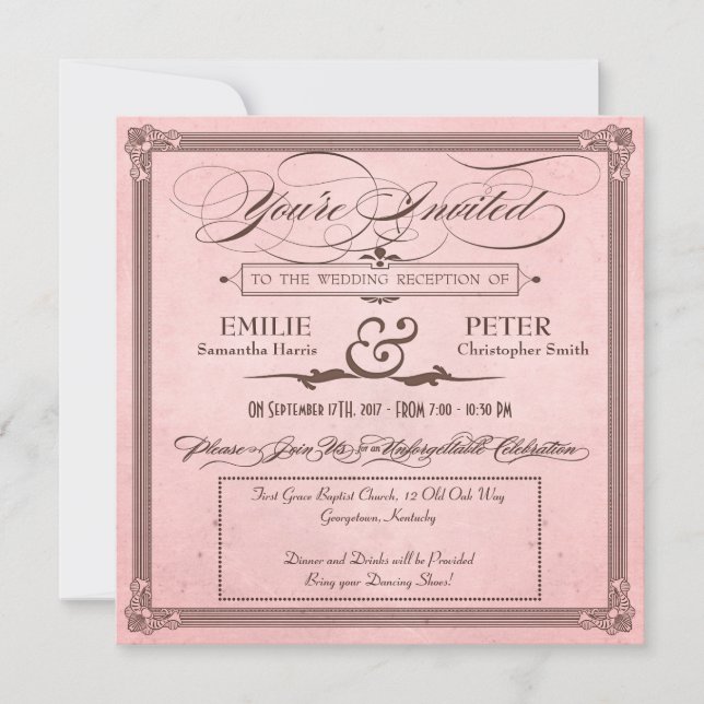 Vintage Poster Pink & Brown Reception Only Invitation (Front)