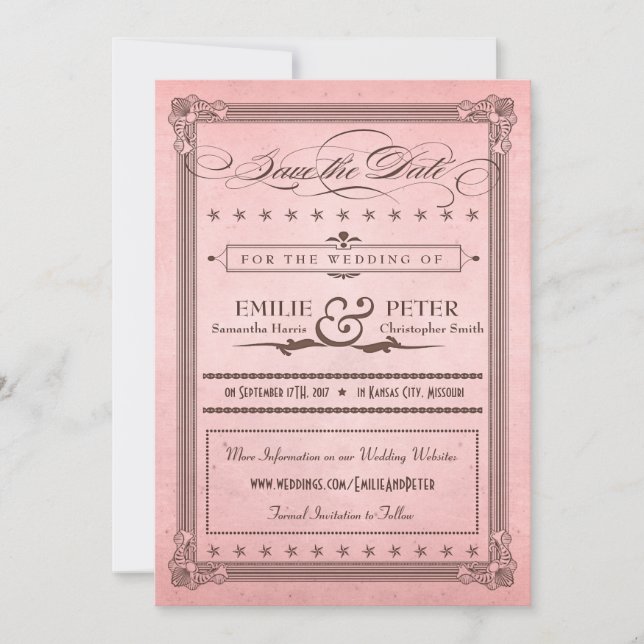 Vintage Poster Pink & Brown Save the Date (Front)