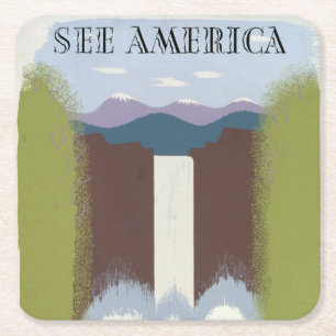 Vintage Poster Promoting Travel To National Parks. Square Paper Coaster