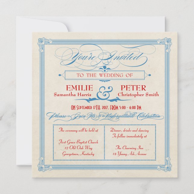 Vintage Poster Red, White & Blue Square Wedding Invitation (Front)