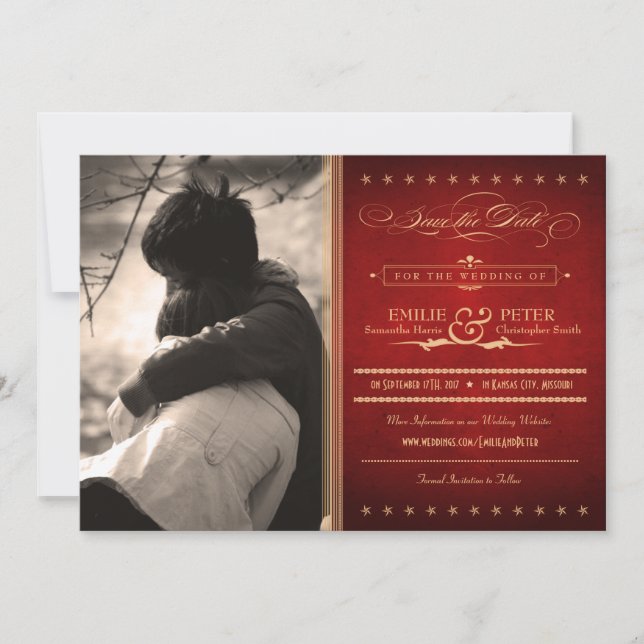 Vintage Poster Rich Red Photo Save the Date (Front)