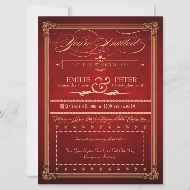 Vintage Poster Rich Red Wedding Invite & Reception (Front)