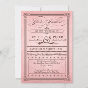 Vintage Poster Romantic Pink & Brown Wedding, RSVP Invitation