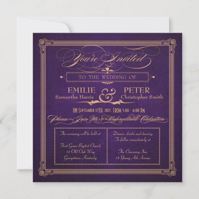 Vintage Poster Style Aubergine Purp Square Wedding Invitation (Front)