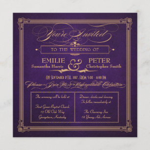Vintage Poster Style Aubergine Purp Square Wedding Invitation