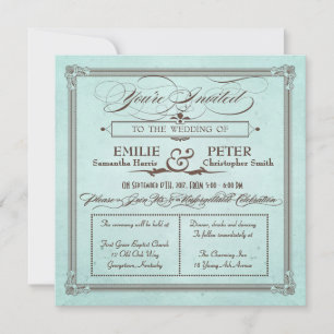 Vintage Poster Style Blue & Brown Square Wedding Invitation