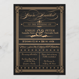 Vintage Poster Style Charcoal and Gold Wedding Invitation