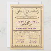 Vintage Poster Style Cream & Brown Wedding Invite